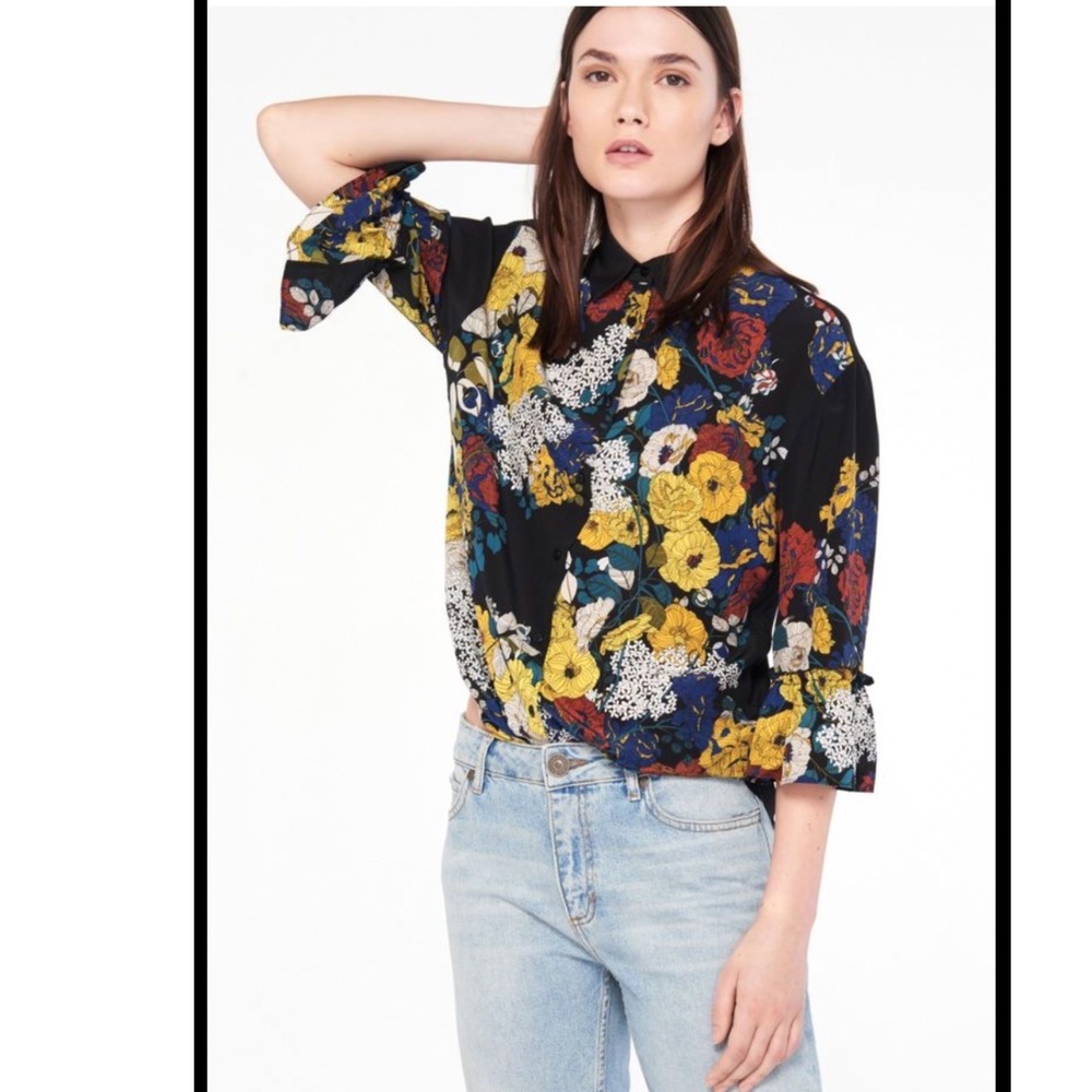 Sandro Paris 100% Silk Black Floral Blouse French size 2/US‎ 6 luxury minimalist